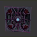 Futuristic Sci Fi Metal Panel With Central Blue Glowing Sphere And Red Fan Shaped Structures