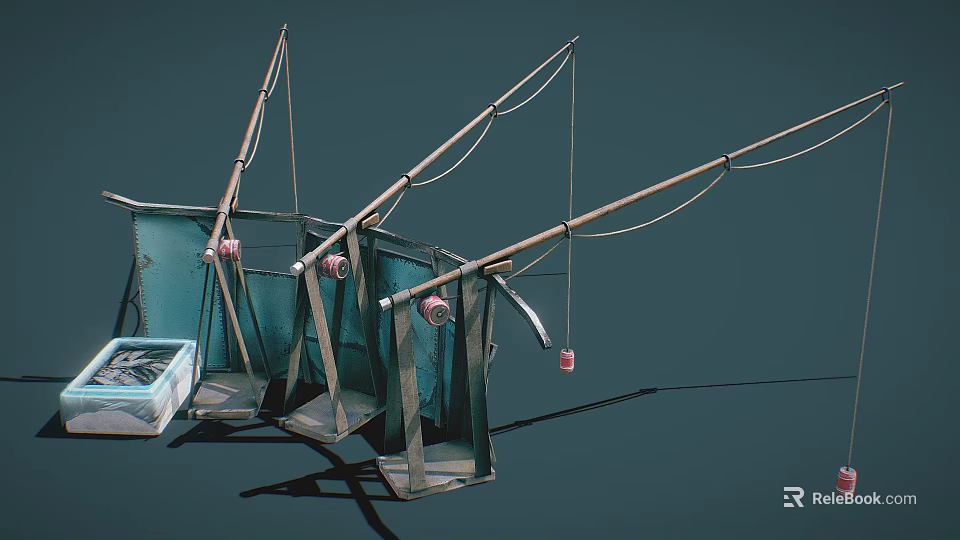 Traditional Fishing Gear With Green Frame Ropes Floating Balls And Blue Box 3d model 