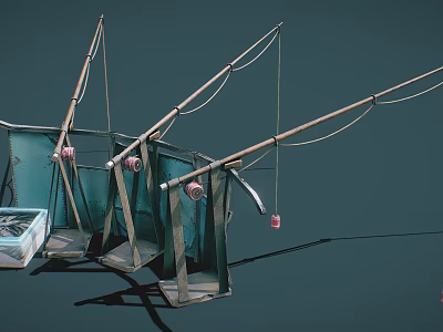 Traditional Fishing Gear With Green Frame Ropes Floating Balls And Blue Box 3d model