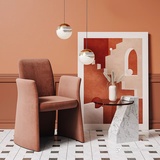Terracotta Velvet Single Sofa With Orange Wall Geometric Artwork Marble Side Table And Pendant Lights 3d model 
