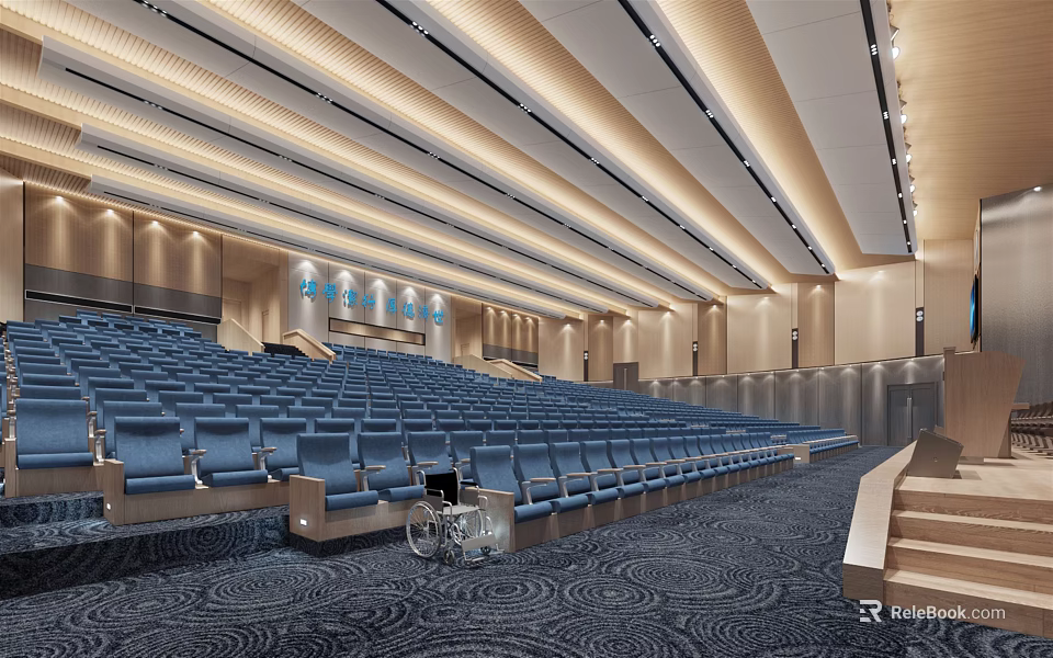 Spacious Conference Room With Rows of Blue Seats Modern Ceiling And Patterned Carpet 3d model 
