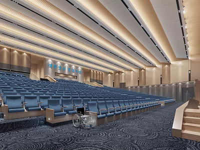 Spacious Conference Room With Rows of Blue Seats Modern Ceiling And Patterned Carpet 3d model