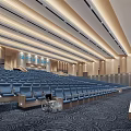 Spacious Conference Room With Rows of Blue Seats Modern Ceiling And Patterned Carpet