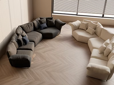 Modern Living Room With Dark And Light Curved Sofas On Herringbone Wooden Floor 3d model