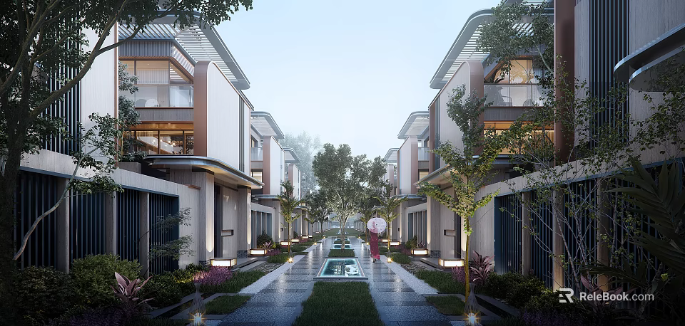 Modern Townhouses Exterior With Central Pathway Trees Water Feature And Lighting 3d model 