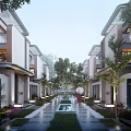 Modern Townhouses Exterior With Central Pathway Trees Water Feature And Lighting