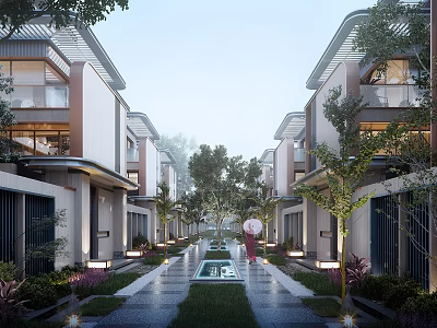 Modern Townhouses Exterior With Central Pathway Trees Water Feature And Lighting 3d model