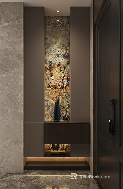 Modern Entryway Hallway Design With Decorative Wall Art Vase And Warm Ambient Lighting 3d model 