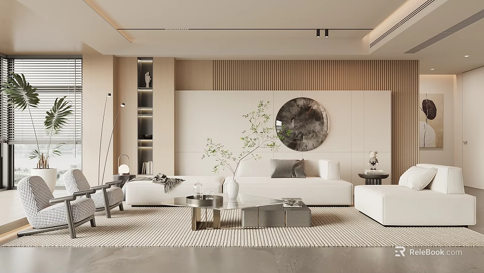 Modern Living Room Interior With White Sofa Circular Wall Art Green Plant And Wooden Paneling 3d model 