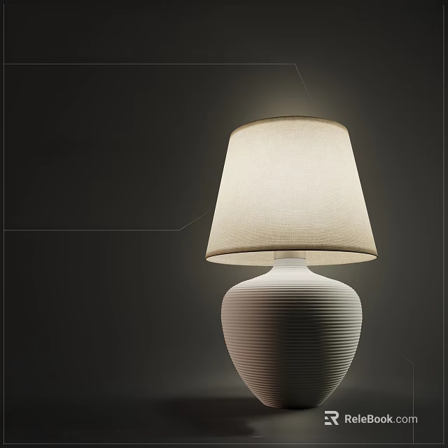 Modern Table Lamp With Beige Fabric Shade And White Striped Ceramic Base 3d model