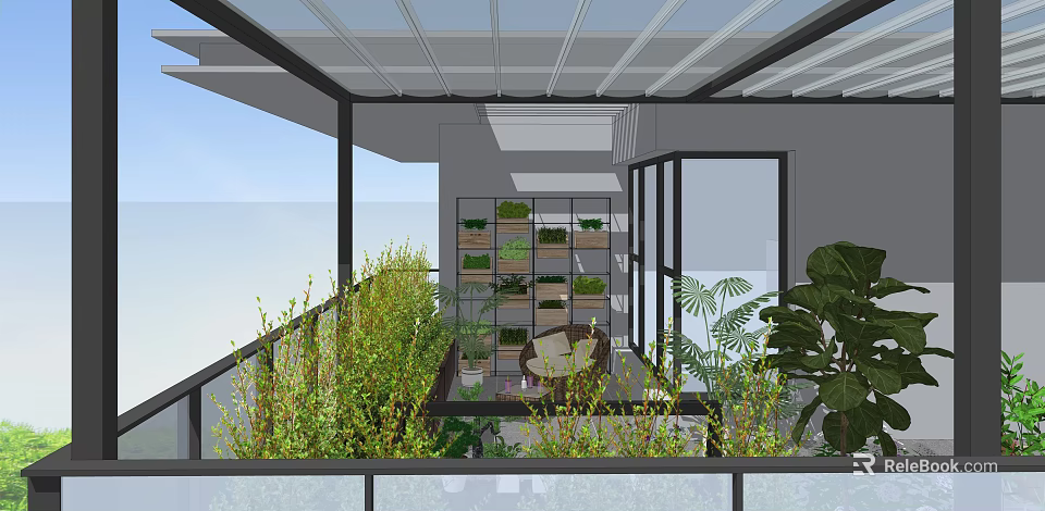 Modern Roof Garden Design With Glass Ceiling Green Plants Potted Arrangements And Seating Area 3d model 