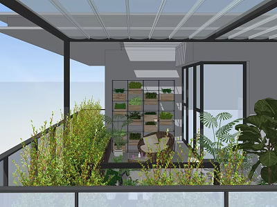 Modern Roof Garden Design With Glass Ceiling Green Plants Potted Arrangements And Seating Area 3d model