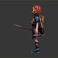Woman With Red Hair In Purple Dress Blue Top Scarf And Holding Knife