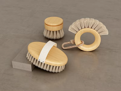 Bathroom Accessories Brushes with Wooden Handle Natural Bristles Ring and Strap Design for Bathroom Countertop 3d model