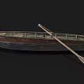 Old Wooden Boat With Worn Wooden Structure And Oar On Black Background