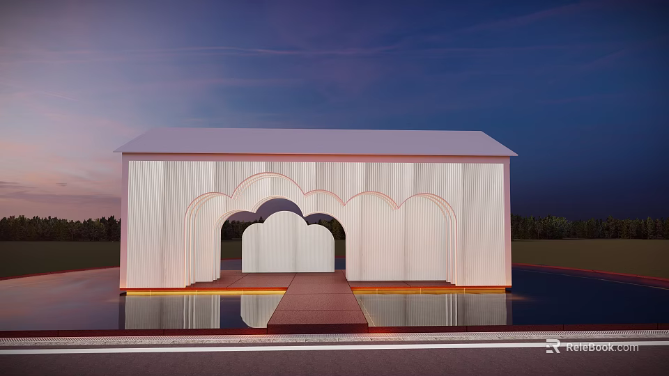 Modern White Pergola with Arched Design and Water Reflection in Evening Sky 3d model 