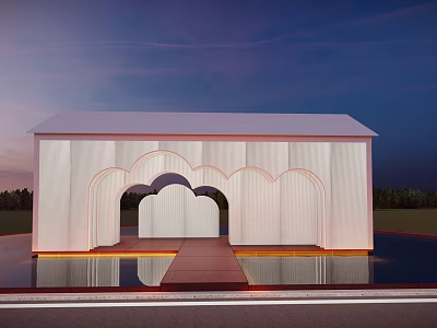 Modern White Pergola with Arched Design and Water Reflection in Evening Sky 3d model
