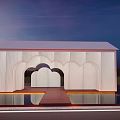 Modern White Pergola with Arched Design and Water Reflection in Evening Sky