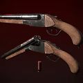 Vintage Pistol With Wooden Grip And Metal Barrel Next To Red Bullet