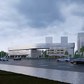 Modern Industrial Park Building With Waterfront Walkway Pedestrians And Retail Shops