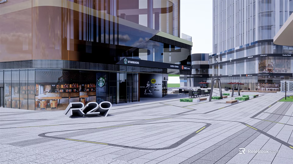 Modern Commercial Street With Storefronts Glass Facades Pedestrian Walkway And Outdoor Seating 3d model 