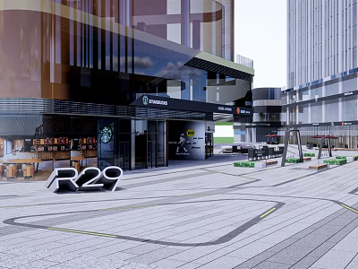 Modern Commercial Street With Storefronts Glass Facades Pedestrian Walkway And Outdoor Seating 3d model