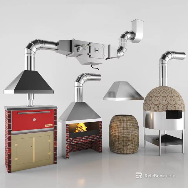 Various Kitchen Appliances Including Range Hoods Ovens Brick Built And Patterned Designs 3d model 