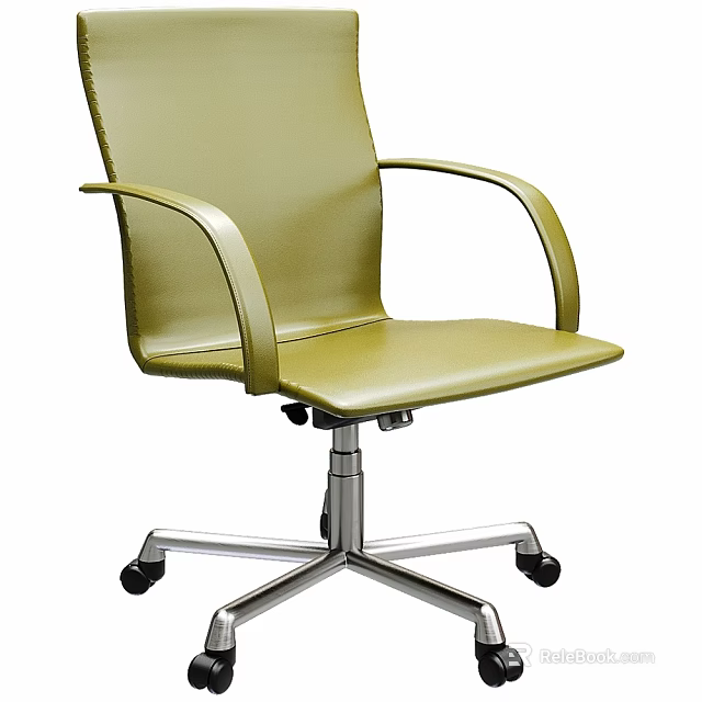 Modern Single Chair With Green Leather Upholstery And Metal Base Wheels 3d model 