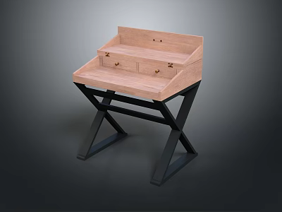 Modern Dressing Table With Wooden Top Two Drawers And X Shaped Black Metal Legs 3d model