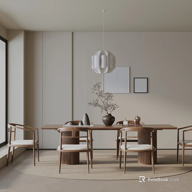 Elegant Minimalist Wooden Dining Table Set With Chairs Pendant Light Vase And Beige Walls 3d model 