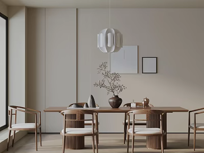 Elegant Minimalist Wooden Dining Table Set With Chairs Pendant Light Vase And Beige Walls 3d model