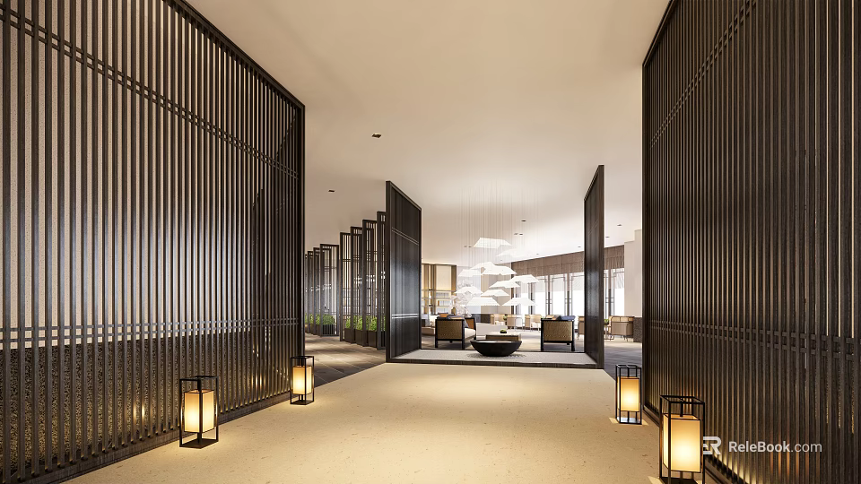 Modern Hotel Corridor Interior With Black Vertical Screens And Lantern Lighting 3d model