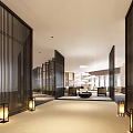 Modern Hotel Corridor Interior With Black Vertical Screens And Lantern Lighting 3d model
