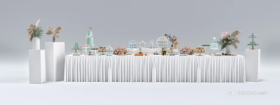 Dining table with white tablecloth featuring desserts cake dessert stands and flower bouquets 3d model 