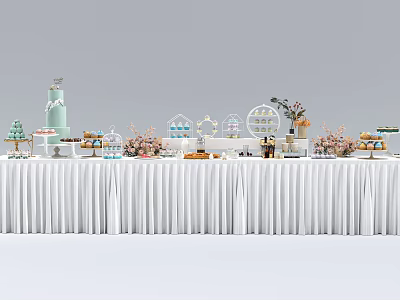 Dining table with white tablecloth featuring desserts cake dessert stands and flower bouquets 3d model