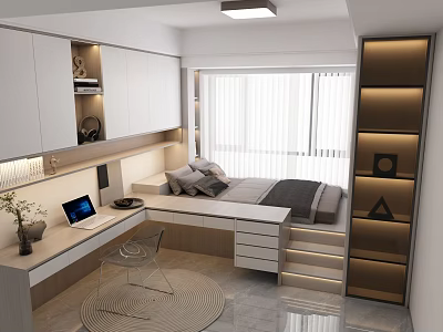 Tatami Bedroom Interior Design With Built in Cabinets Desk Laptop Plant and Window Blinds 3d model
