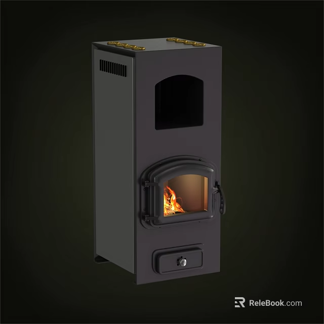 Black Modern Standalone Fireplace With Glass Door And Burning Fire for Interior Decor 3d model 