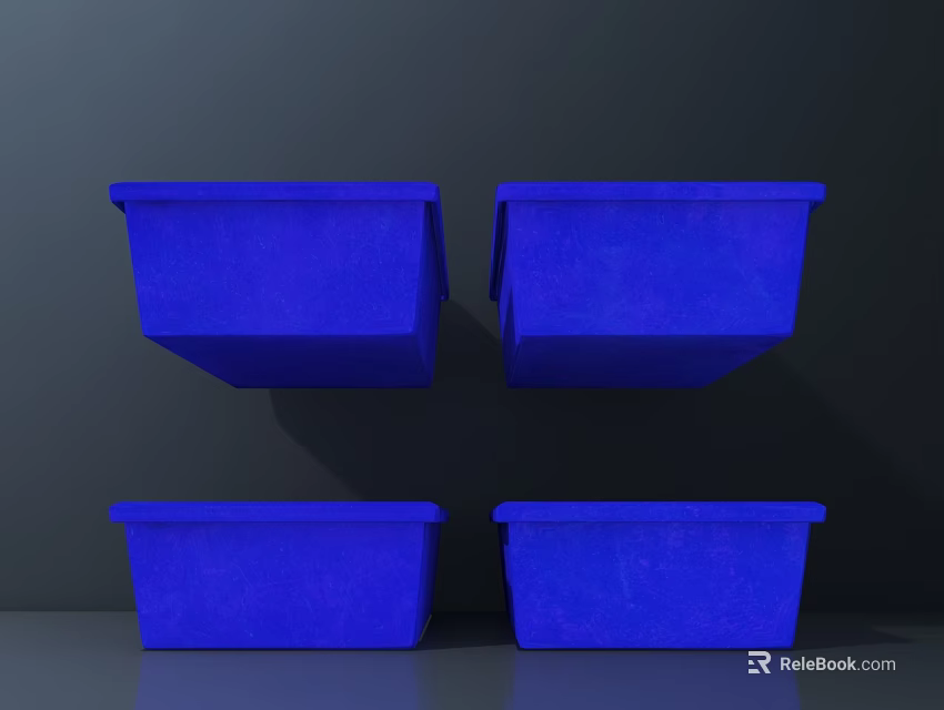 Four Blue Plastic Storage Baskets Arranged in Two Rows on Gray Background 3d model