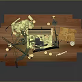 Rustic Wooden Table Display With Open Treasure Chest And Hanging Decorative Lantern