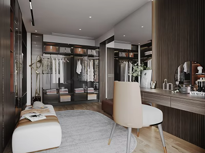 Modern Walk in Closet Design With Wooden Cabinets Mirror Dressing Table And Bench 3d model