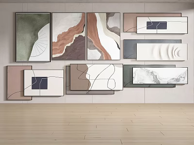 Modern Abstract Paintings on Wall with Neutral Tones and Gallery Arrangement 3d model