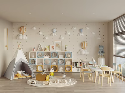 Kids Playroom With Teepee Tent Hot Air Balloon Decor Storage Cubes Bookshelf Table And Chairs 3d model