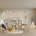 Kids Playroom With Teepee Tent Hot Air Balloon Decor Storage Cubes Bookshelf Table And Chairs