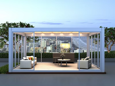 Modern Glass Open Space Interior With Sofa Coffee Table City View And Trees 3d model