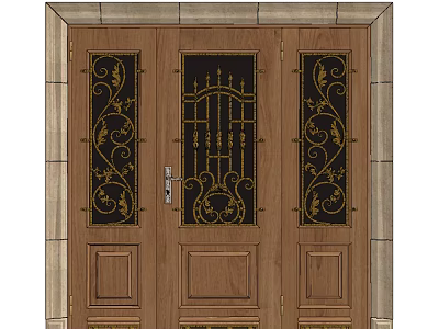 Elegant Wooden Entrance Door With Carved Glass Panels And Golden Decorative Patterns 3d model