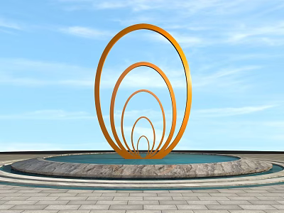 Roadside Circular Orange Metal Sculpture With Stone Base And Brick Pavement Under Blue Sky 3d model