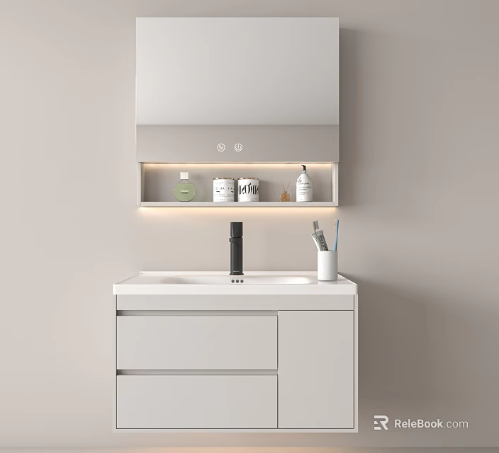 Modern Bathroom Vanity With White Cabinet Lighted Mirror Black Faucet And Toiletries On Shelf 3d model 