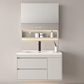 Modern Bathroom Vanity With White Cabinet Lighted Mirror Black Faucet And Toiletries On Shelf