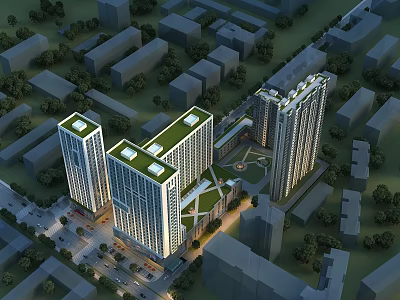 Modern High Rise Office Buildings with Green Roofs in Urban Area with Landscaping and Roads 3d model