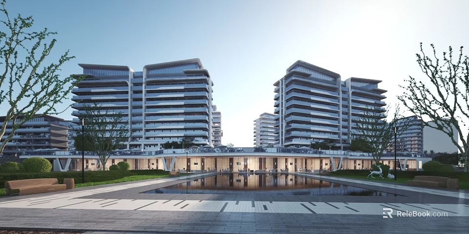 Modern High Rise Residential Buildings With Water Pool Landscaping And Entrance Area 3d model 